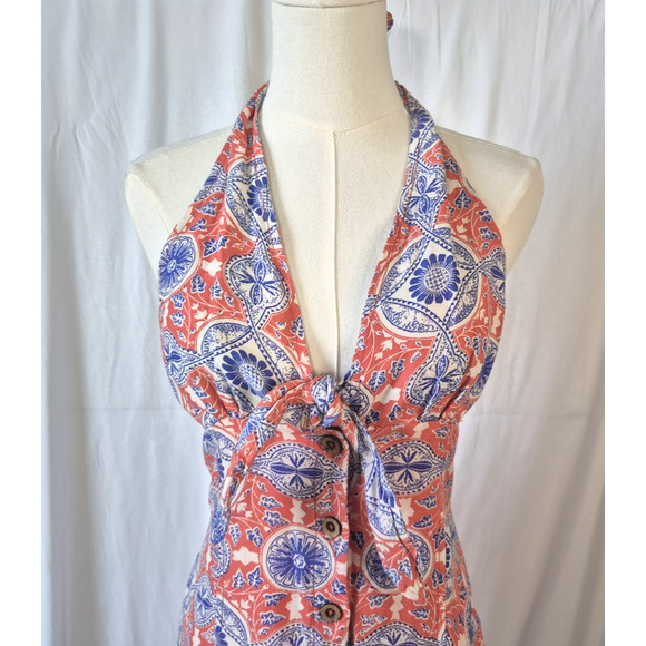 Anthropologie Maeve Womens Pink Blue Halter Tie-Front Printed Mini Dress XS - Picture 5 of 9